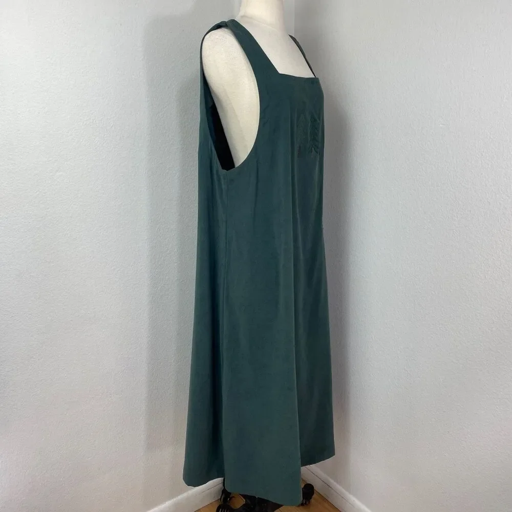 CJ Banks Forest Green Maxi Jumper Dress 14W Pocket Embroidery Trees Dark Academa